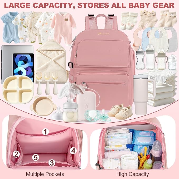 IBVIVIC Diaper Bag Backpack with Portable Changing Pad, Multifunctional Baby Bag for Mom Dad, Large Capacity, Stroller Straps, Insulated Bottle Pockets & Pacifier Case (Blush Pink) - Image 3