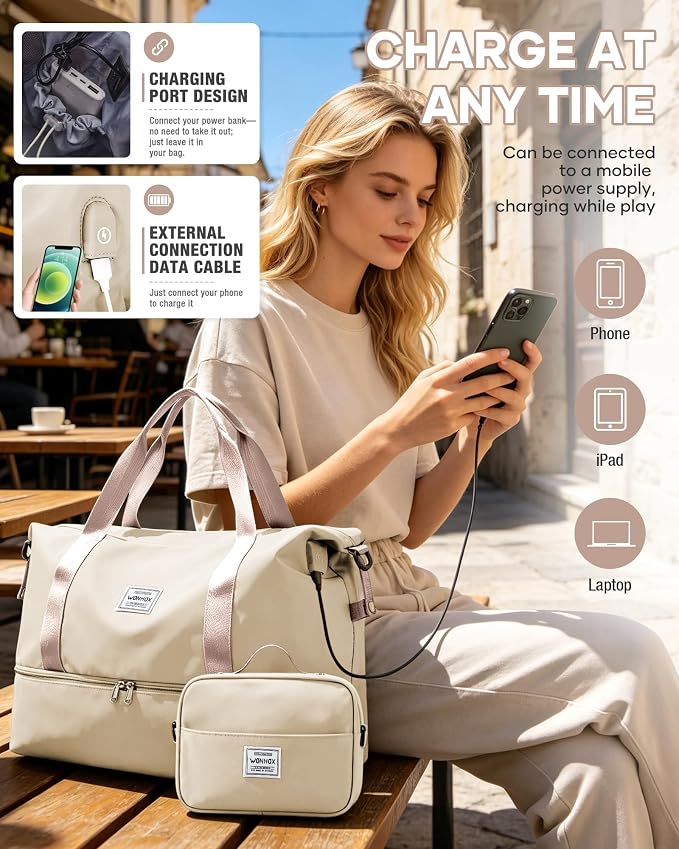 Travel Duffel Weekender Bag Women Tote Carry On Bags With Shoe Compartment | Travel Overnight Bags with Trolley Sleeve for Airplanes Waterproof Lightweight Sport Tote Gym with Toiletry Bag Beige - Image 6