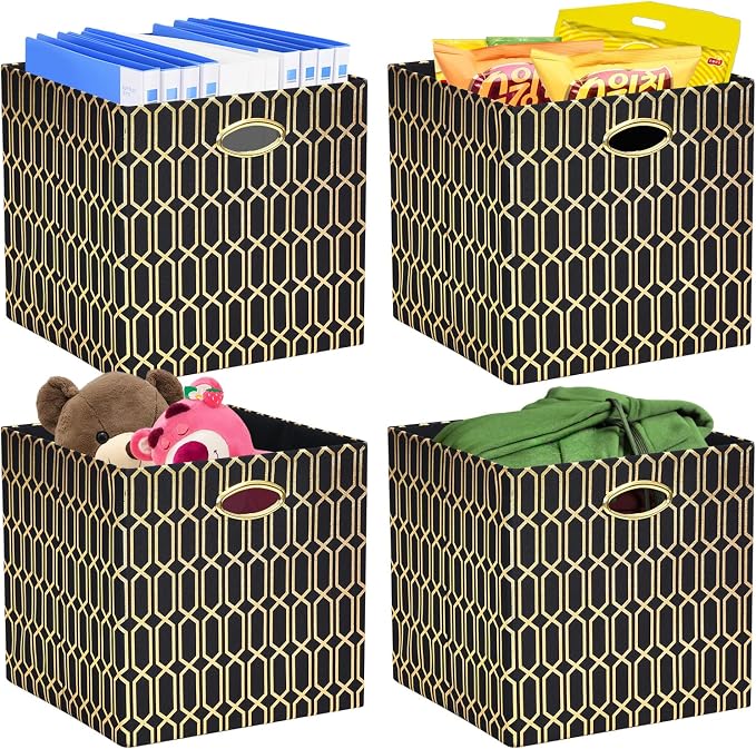 Posprica Storage Bins, Storage Cubes,13×13 Fabric Drawers Organizer Basket Boxes Containers (13×13×13/4pcs, Black/gold geometry Pattern) by Posprica