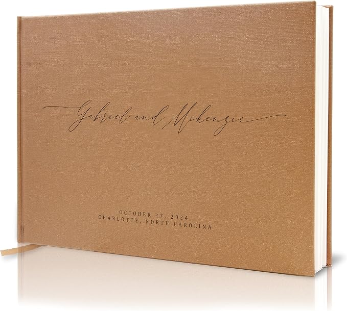 Personalized Guestbook in Bronze Shimmer - Premium Custom Modern Guest Book for Wedding Reception, Birthday Party or Events w/Bookmark Blank Pages for Signing 11.5 x 8.5 inches by MUUJEE