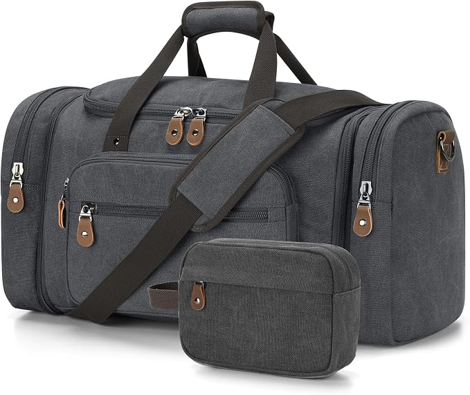 Gonex Canvas Duffle Bag, Expandable 60L Travel Overnight Weekender Bag | for Men, with Toiletry Bag, Multiple Pockets, Carry-On Size, Durable Zippers, Detachable Strap, Dark Gray by Gonex