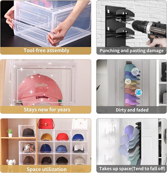 Attelite Upgrade Harder Solid Plastic Hat Organizer for Baseball Caps, 8 Pack Stackable Hat Storage Box with Clear Magnetic Door, Hat Rack(XL-Black) - Image 5