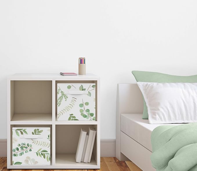 Sweet Jojo Designs Floral Leaf Foldable Fabric Storage Cube Bins Boxes Organizer Toys Kids Baby Childrens - Set of 2 - Green and White Boho Watercolor Botanical Woodland Tropical Garden - Image 2
