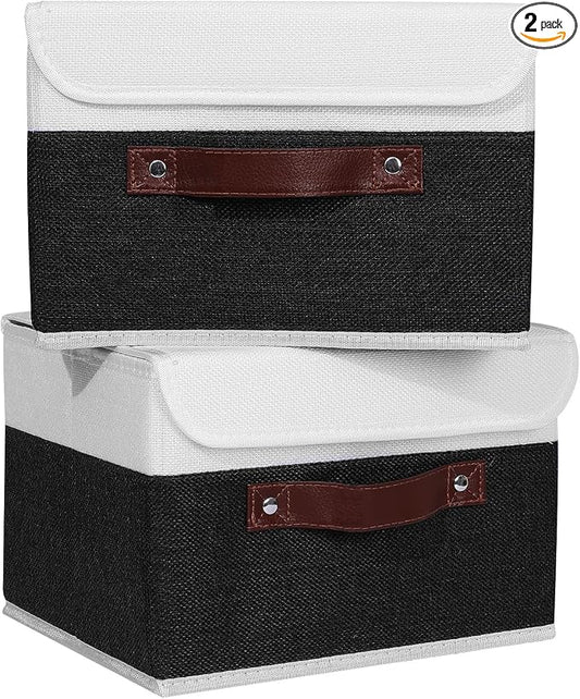 ANMINY Fabric Storage Box Bins with Lids, Black White, 10"x8"x7", 2 Pack | Keepsake Memory Storage, Cotton Linen, PP Board Reinforced, Washable, PU Handles, Foldable & Stackable, Decorative, Small by ANMINY