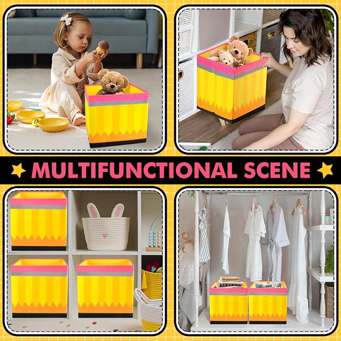 Demonwer 6 Pcs 11 Inch Fabric Storage Bins Pencil Themed Cubby Basket Bins with Handles Yellow Pencil Storage Containers for Back to School Decorations Office Home Organizer Supplies - Image 7