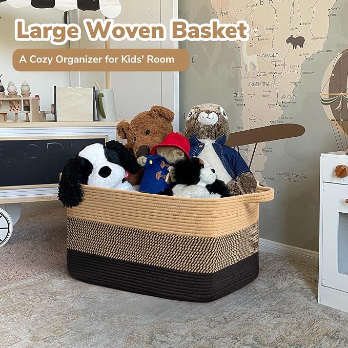 Goodpick Large Woven Blanket Basket, Rectangle, Black Jute, 75L | 21.6'' x 14.9'' x 11.8'' Wicker Storage Basket for Blankets & Toys, Living Room & Bedroom Organization, Reinforced Handles - Image 2