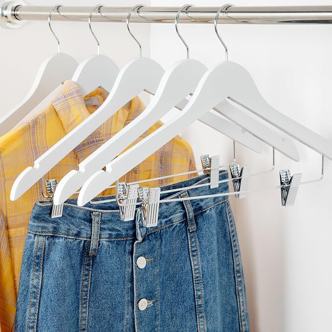TOPIA HANGER Wooden Suit Hangers with Adjustable Metal Clips (10 Pack), Solid Smooth Wood Clothes Hangers, 360° Swivel Hook, Premium Pants Hangers for Clothes Coat, Jeans, Blouse-White,CT28W - Image 6