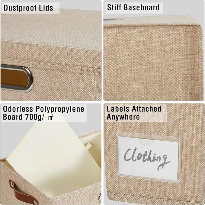 15" Fabric Storage Box with Lids, 3-Pack, Khaki | Stackable, Foldable, 2 PU Handles and 2 Metal Handles, Decorative Fabric, For Home, Bedroom, Closet, Office, Nursery - Image 5