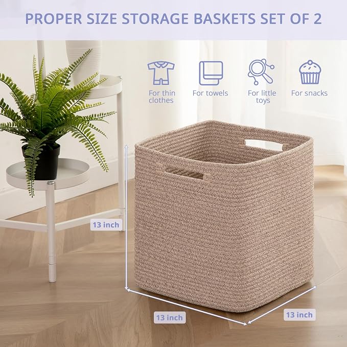 OIAHOMY 3 PACK Cube Storage Bin 13 Inch Collapsible Storage Cube Brown | Cube Storage Organizer Storage Bins for Shelves Baskets for Organizing Woven Rope Storage Baskets - Image 2