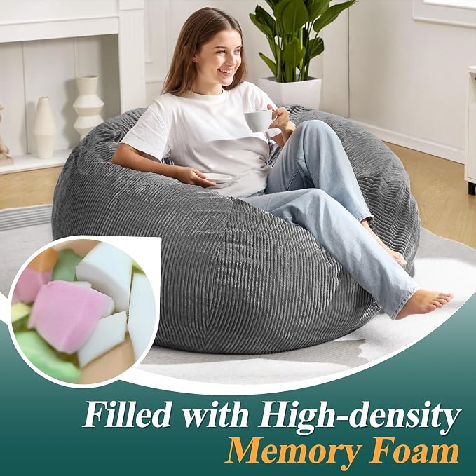 3FT Bean Bag Chairs Teardrop Bean Bag Chair for Adults Beanbag Chair with Memory Foam Filled Machine Washable Cover for Living Room, Bedroom (Large,Grey) | Beanbag Chair with Memory Foam Filled,Bean Bags with Handy Handle&Machine Washable Cover for Liv... - Image 4