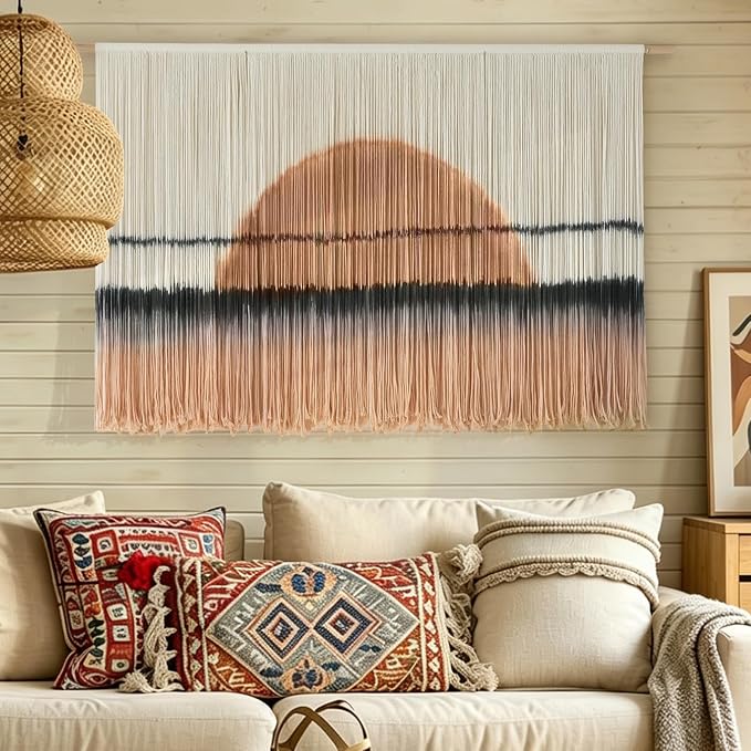 Macrame Wall Hanging Dip Dye Sunset Boho Wall Decor Fiber Art 57" W*35" L | Fiber Wall Art, Hand Dyed Wall Hanging, for Bedroom Living Room Office Dorm Room Accent, Aesthetic Home Style, Boho Decor by FLBER