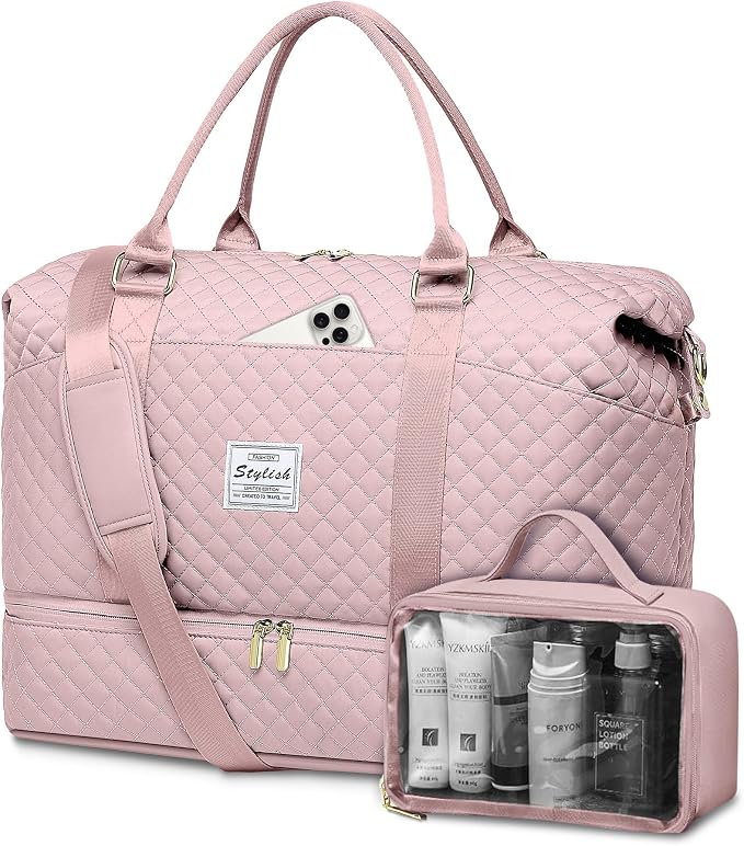 Weekender Duffle Bags for Women - Travel Duffel with Shoe Compartment, Carry On Overnight Bag, Gym Tote with Wet Pocket, Pink by FIUAIE