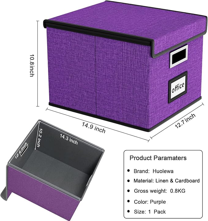 File Organizer Box with Lids, Collapsible File Folder Organizer | File Box with Plastic Slides for Office Document Storage, Filing Bin for Letter Size Hanging File Folders (1 Pack, Purple) - Image 6