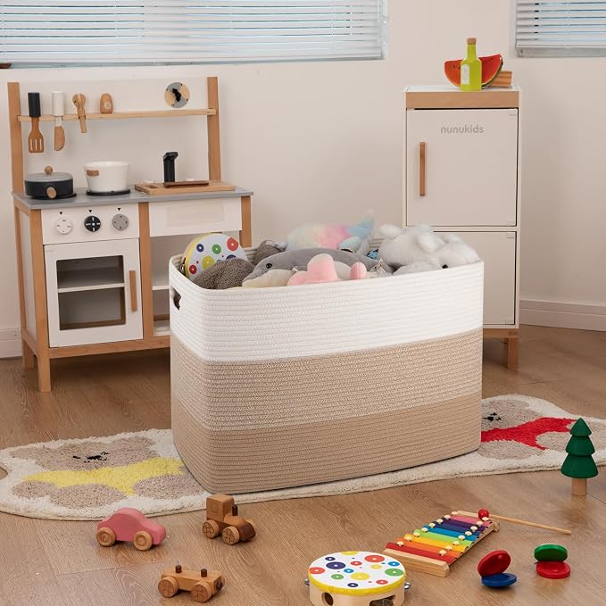 OIAHOMY 108L Extra Large Blanket Basket Dog Toy Basket Light Brown | Rectangle Woven Baskets for Storage Cotton Rope Basket For Living Room Toy Storage Blanket Storage Laundry Basket - Image 2