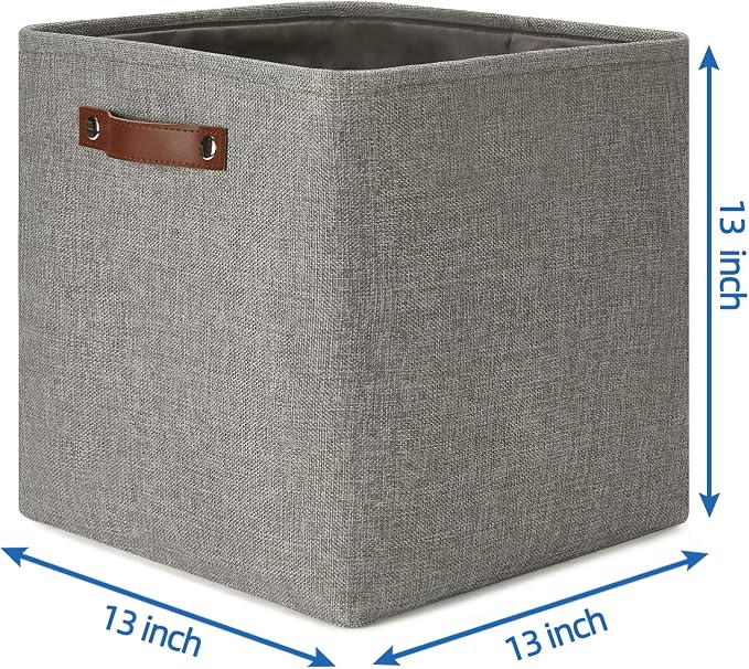 Temary Storage Baskets 13 Inch Fabric Storage Cubes for Shelves Set of 4 Storage Cube Bins for Home, Office, Storage Organizers for Toys with Leather Handles(Grey) - Image 2