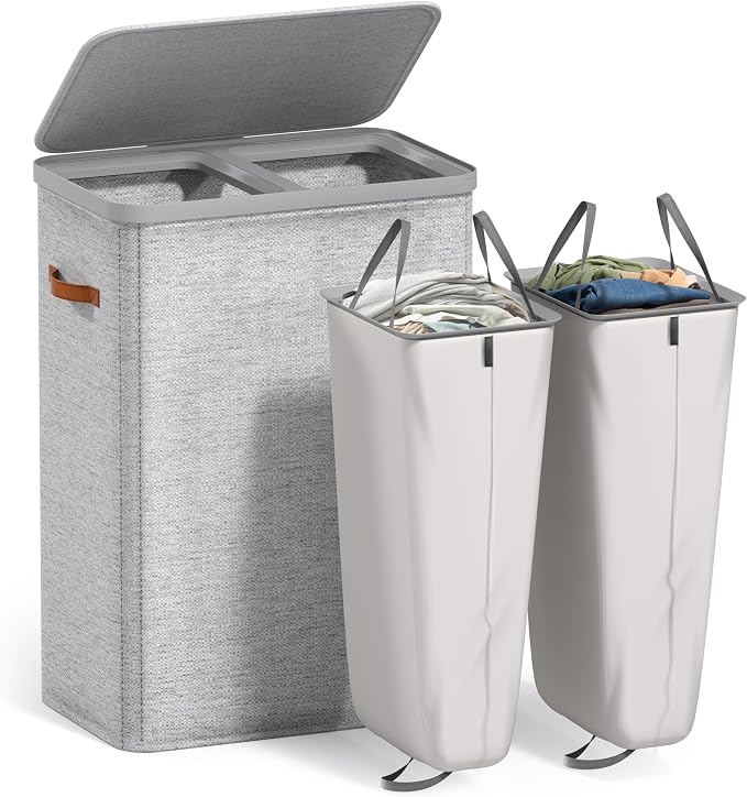 Sorbus Laundry Hamper with Lid - Collapsible 2-Compartment Fabric Laundry Basket with Handles and Removable Laundry Bag – 45 Gallon (170 L) Dirty Clothes Hamper for Bedroom, bathroom and dorm (Gray) by Sorbus