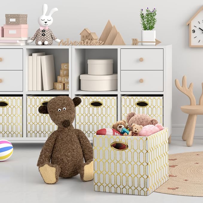 Posprica Storage Bins, Storage Cubes,13×13 Fabric Drawers Organizer Basket Boxes Containers (13×13×13/4pcs, Cream/gold geometry Pattern) - Image 4