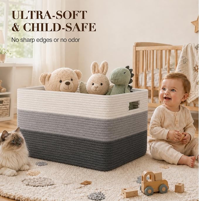 OIAHOMY Blanket Basket Laundry Basket Dog Toy Basket 75L Dark Grey | Large Storage Basket,Baby Basket,Toy Storage,Woven Rope Basket for Blankets,Blanket Storage for Living Room - Image 4