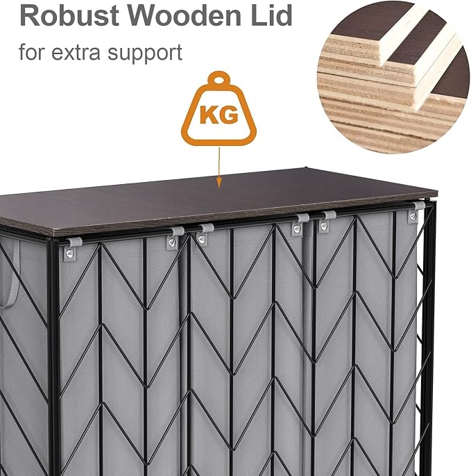 WOWLIVE Laundry Hamper 3 Section with Lid, 142L Laundry Basket with Wheels | Rolling Dirty Clothes Hamper with Removable Bags, Large Iron-Made Laundry Basket Organizer Laundry Sorter for Dorm, Grey - Image 6