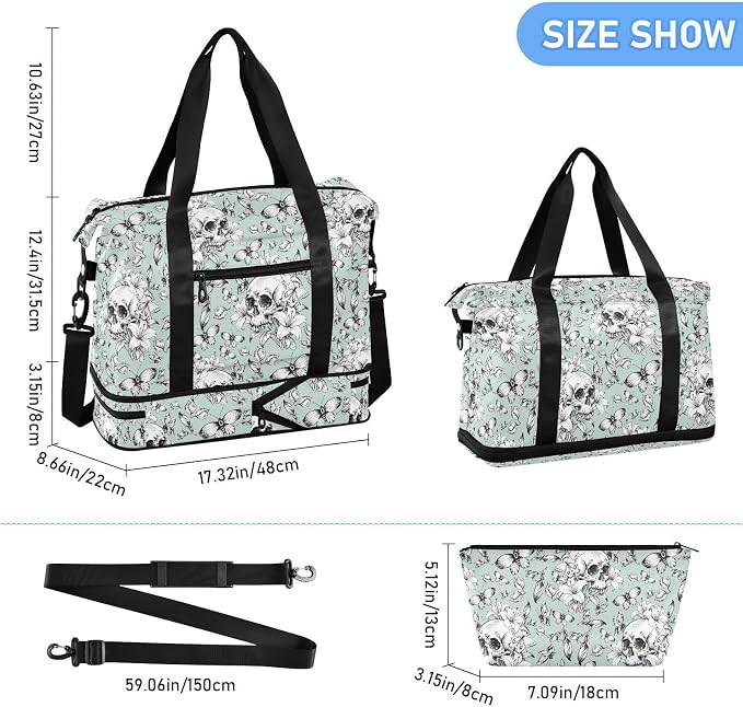 MNSRUU Travel Duffel Tote Bag Vintage Goth Skull Sports Duffel Bag with Wet Pocket Weekender Overnight Bag for Women Men Gym Bag, Carry On Bag Hospital Bag for Labor & Delivery - Image 2