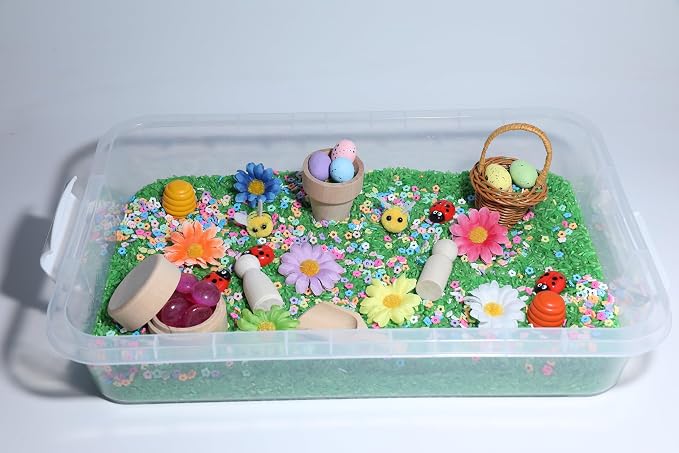 Spring Flower Sensory Bin Kit for Kids | Green Rice, Felt Bees, Wooden Eggs & Ladybugs, Floral Accessories & Wooden Tools – Includes Clear Storage Bin - Image 8