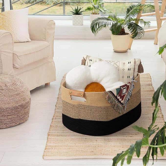 Large Blanket Basket for Living Room,72 L Rectangle Toy Storage Basket for Nursery Room, Woven Rope Storage Box with Leather Handle, 22’’*17’’*11.8’’, Gradient Linen - Image 2