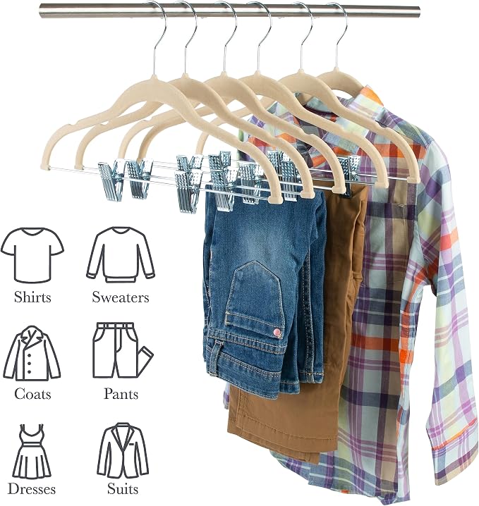 Simplify 6 Pack Children's Velvet Hangers | Durable | Lightweight | Non-Slip | Nursery | Shirt | Pants | Tank Top | Ivory | Clips | Closet Organization - Image 5