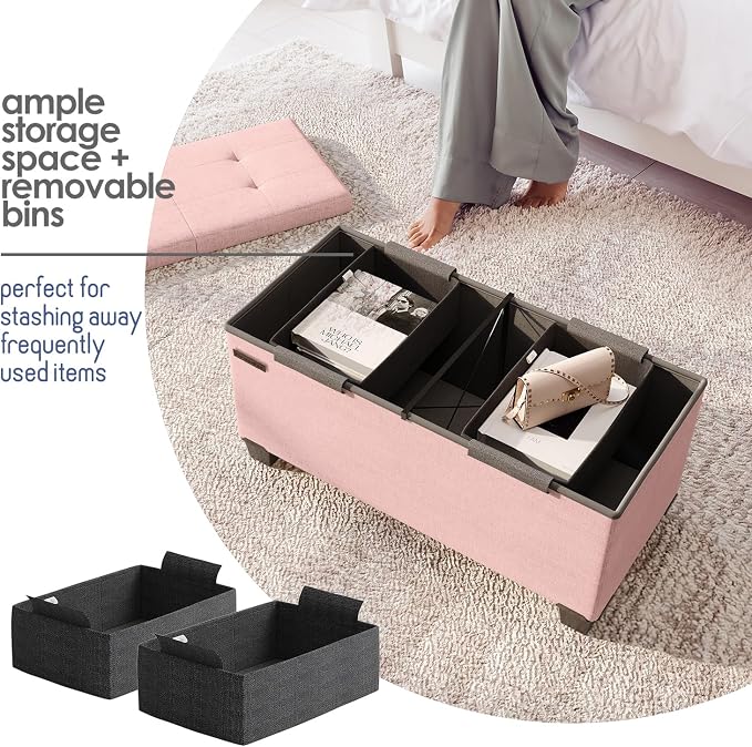 Storage Ottoman Bench with Bins, 30-in Storage Bench for Bedroom End of Bed, Folding Foot Rest Ottoman for Living Room Max 660lbs, Fabric Ottomans, Pink - Image 3