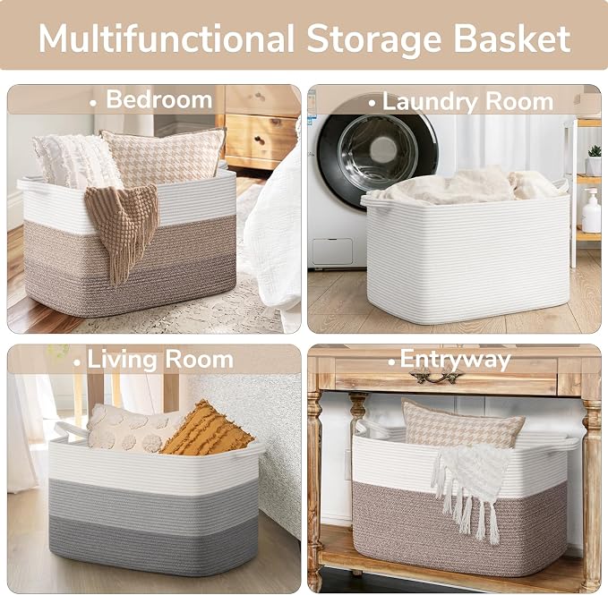 Goodpick Large Woven Blanket Basket 23.6" x 15.7" x 13.8" Cotton Rope Storage Organizer for Dirty Clothes Pillows, Soft Toy Storage Basket for Nursery Home Decor, White & Light Brown - Image 4
