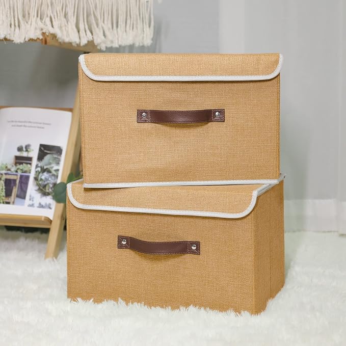 ANMINY Fabric Storage Box Bins with Lids, Khaki, 13"x9"x7.9" | Keepsake Memory Storage, Cotton Linen, PP Board Reinforced, Washable, PU Handles, Foldable & Stackable, Decorative, Medium - Image 2