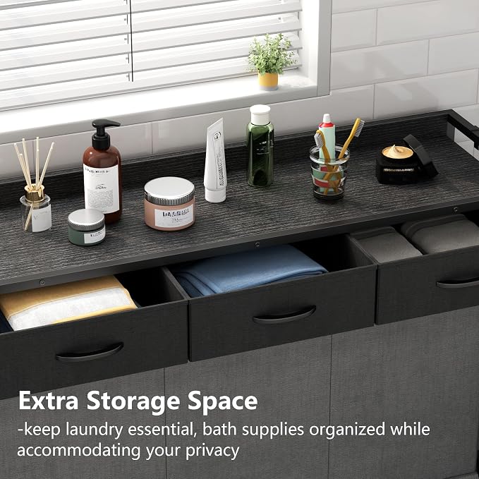 Laundry Hamper Laundry Basket with 3 Section Pull-Out Rolling Bags, Laundry Sorter for Organization and Storage with 2 Pull-Out Drawers for Laundry Room (Black+Grey, 43.31'' x 31.81'' x 12.6'') - Image 5