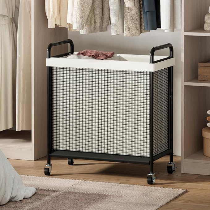 WOWLIVE Rolling Laundry Hamper 2 Section, 100L Laundry Basket with Wheels | Double Laundry Sorter with Metal Handle and Removable Bag, Large Clothes Hamper for Laundry Room, Bathroom and Dorm, Beige - Image 6