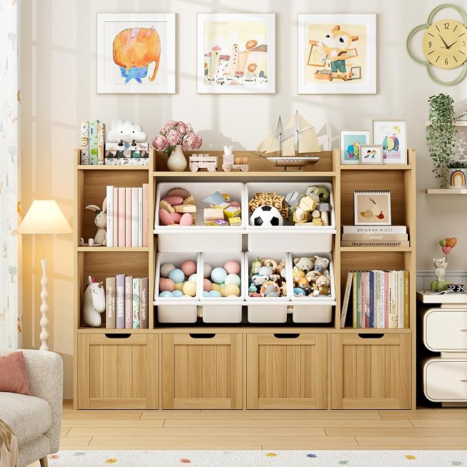 Toy Storage Organizer with Movable Drawer Toy Organizer for Kids | Large Toy Organizers and Storage with 6 Storage Cubbies, Kids Toy Storage and Toy Chest for Playroom and Kids Room, Natural - Image 4
