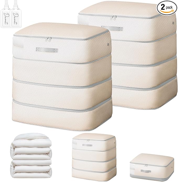 Comforter Storage Bag - 130L Large Capacity Blanket Storage Bags 4-Layer Ultra Space Saving Self Compression Organizer, Washable Compression Bags for Storage Comforter Blanket, 2-Pack, Beige by EasortmPackingCubes