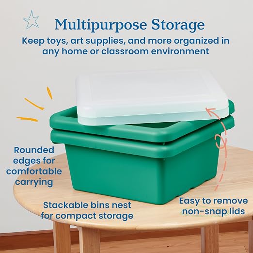 ECR4Kids Stackable Square Bins with Non-Snap Lids, Multipurpose Organization, Emerald, 2-Pack - Image 4