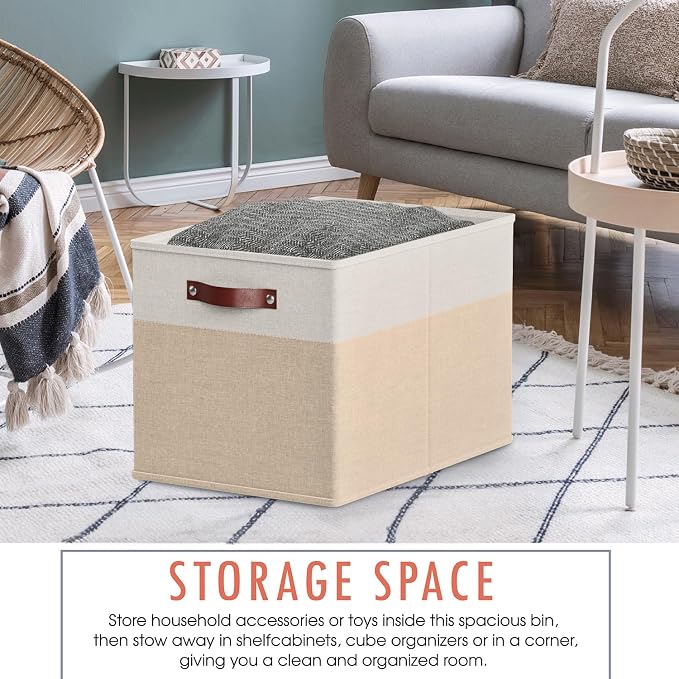 Ornavo Home 13x15x13 Foldable Fabric Storage Cube Bins, 6 Pack, White/Khaki | Collapsible Linen Shelf Basket Organizer; Leather Handles; Fits Cube Storage Shelving Units - Image 5