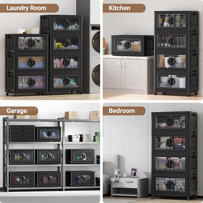 BROVIEW 480Qt Lockable Stackable Storage Bins with Lids, Closet Organizers and Storage Drawer, Collapsible Storage Bin with Wheels, Plastic Cabinet for Toy Clothes Dorm Organizer, V9 4 Pack Black - Image 7