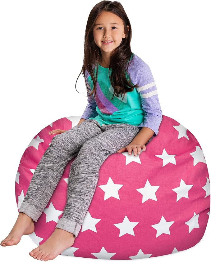 Posh Creations Kids Stuffed Animal Storage Bean Bag Chair Cover - Childrens Toy Organizer, Large-38in, Canvas White Stars on Pink - Image 4