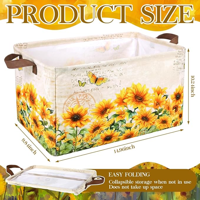 Fourluoo 6 Pack Sunflower Storage Basket with Handles Sunflower Clothes Storage Basket Bin Foldable Box Bins Organizer for Closet Shelf Nursery Kid Room Book Toy Chest - Image 3