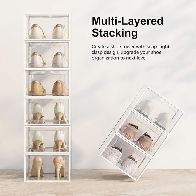 12 Pack Shoe Storage Box, Clear Plastic Stackable Shoe Organizer for Closet, Space Saving Foldable Shoe Rack Sneaker Container Bin Holder - Image 3