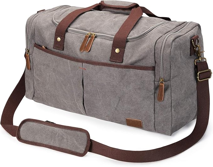 S-ZONE Canvas Duffel Bag for Travel Weekender Overnight Travel Bags for Men | Cotton Canvas, 45L Large Size, Shoes Compartment,Multi-Pocket, Removable Shoulder strap for Gym or Business, Light Gray by S-ZONE