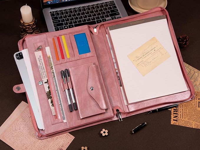 AZXCG Portfolio Binder, Pink Padfolio with Handle and Zipper,Leather Padfolio for Women,Professional Business Portfolio Organizer with A4 Notepad Holder for School,Work - Image 5
