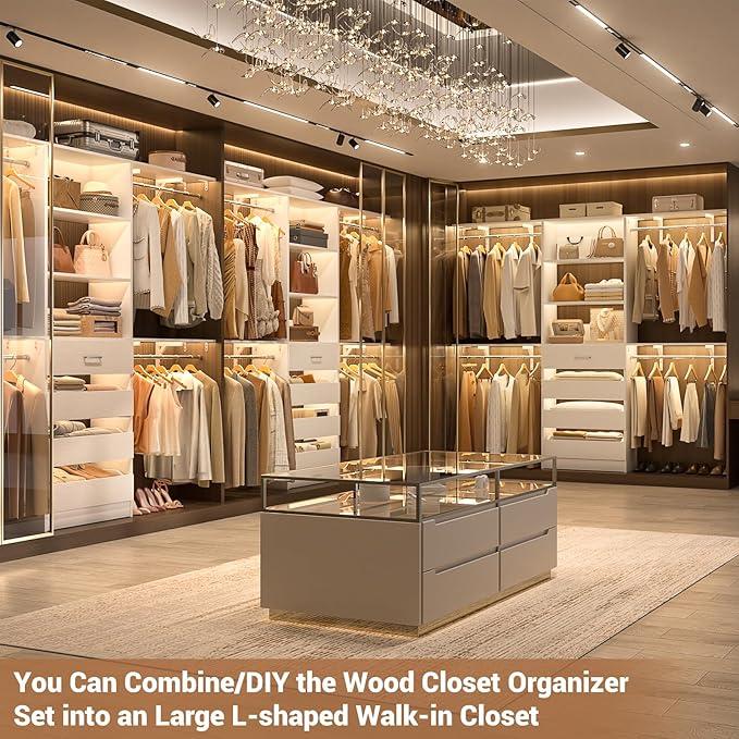 Aheaplus Closet System, Wood Closet Organizer System with Drawers, White | Set 2 Closet Wardrobe Organizer System with 4 Hanging Rods & Top Shelves, for Walk-in Closets, Cut Fits Spaces 4-9FT. Wide - Image 5