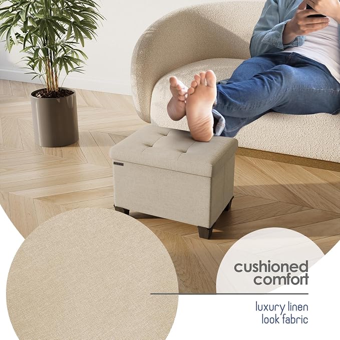 Storage Ottoman Cube with Small Bin, 16-in Square Ottoman with Storage for Living Room and Bedroom, Small Ottomans Foot Rest, Fabric Foot Stools Ottomans Max 330lbs, Beige - Image 7