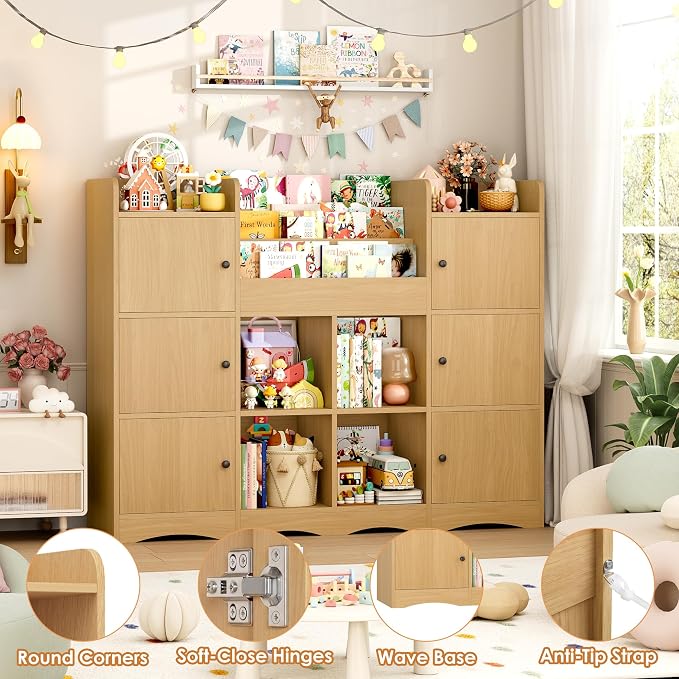 Toy Organizers and Storage with 10 Cubbies and 4 Tier Bookshelf | 55" Large Kids Bookshelf Toy Organizers and Storage with Raised-Edge Top Shelf, Playroom Storage and Toy Chest, Natural - Image 7