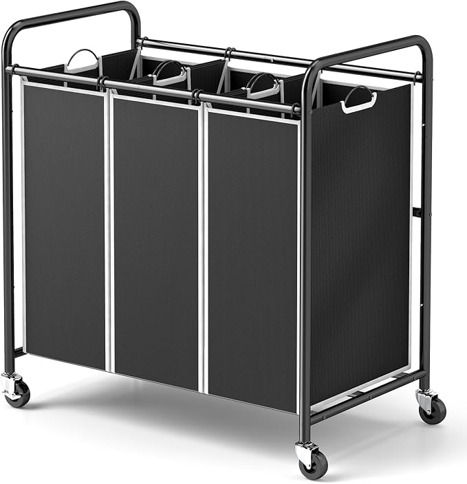 ROMOON Laundry Sorter Hamper 3 Section, Divided Laundry Basket Organizer | Rolling Clothes Hamper with Heavy Duty Lockable Wheels and Removable Bags for Apartment, Dorm & Family, 135L, Modern Black by ROMOON