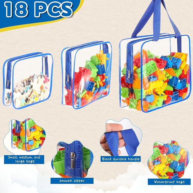 18 Packs Large Toy Storage Bags with Labels, Clear PVC Bags Travel Waterproof Kids Toy Organizer Bags with Zipper for Building Blocks Puzzle Kids Books (Blue-3 Size) - Image 4