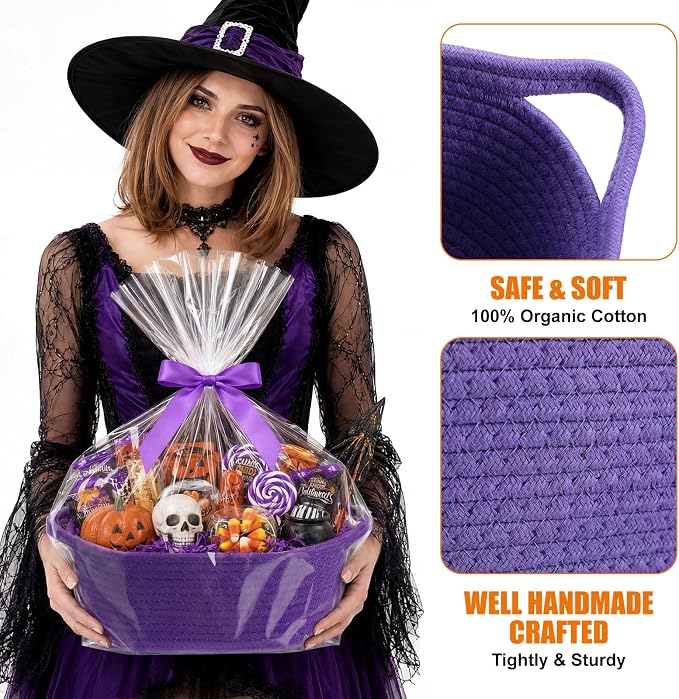Hoolerry 8 Set Halloween Basket with Handles Cotton Rope Woven 12"x 8" x 5" | Trick or Treat Gift Baskets Empty with Bags Ribbon Bows Raffia, Candy Storage Bucket, for Halloween Home Decor Party Favors - Image 3