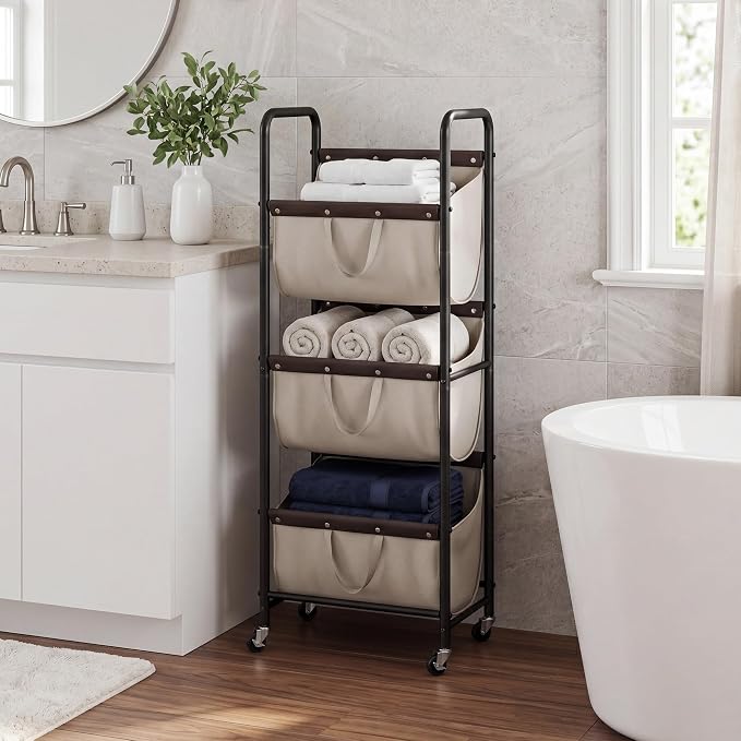 GRANNY SAYS 3 Tiered Laundry Sorter, Narrow Hamper Cart with Wheels | Sturdy 3 Section Laundry Basket with Wheels, Vertical Light Kahki Hamper Cart for Bedroom, Bathroom, Apartment - Image 7