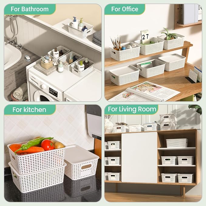 Ohmlove 8 Pack Plastic Storage Baskets with Lids for Organization | Stackable Storage bins, Storages Baskets for Organizing Shelves Drawers Desktop Closet Playroom Classroom Office, White - Image 6